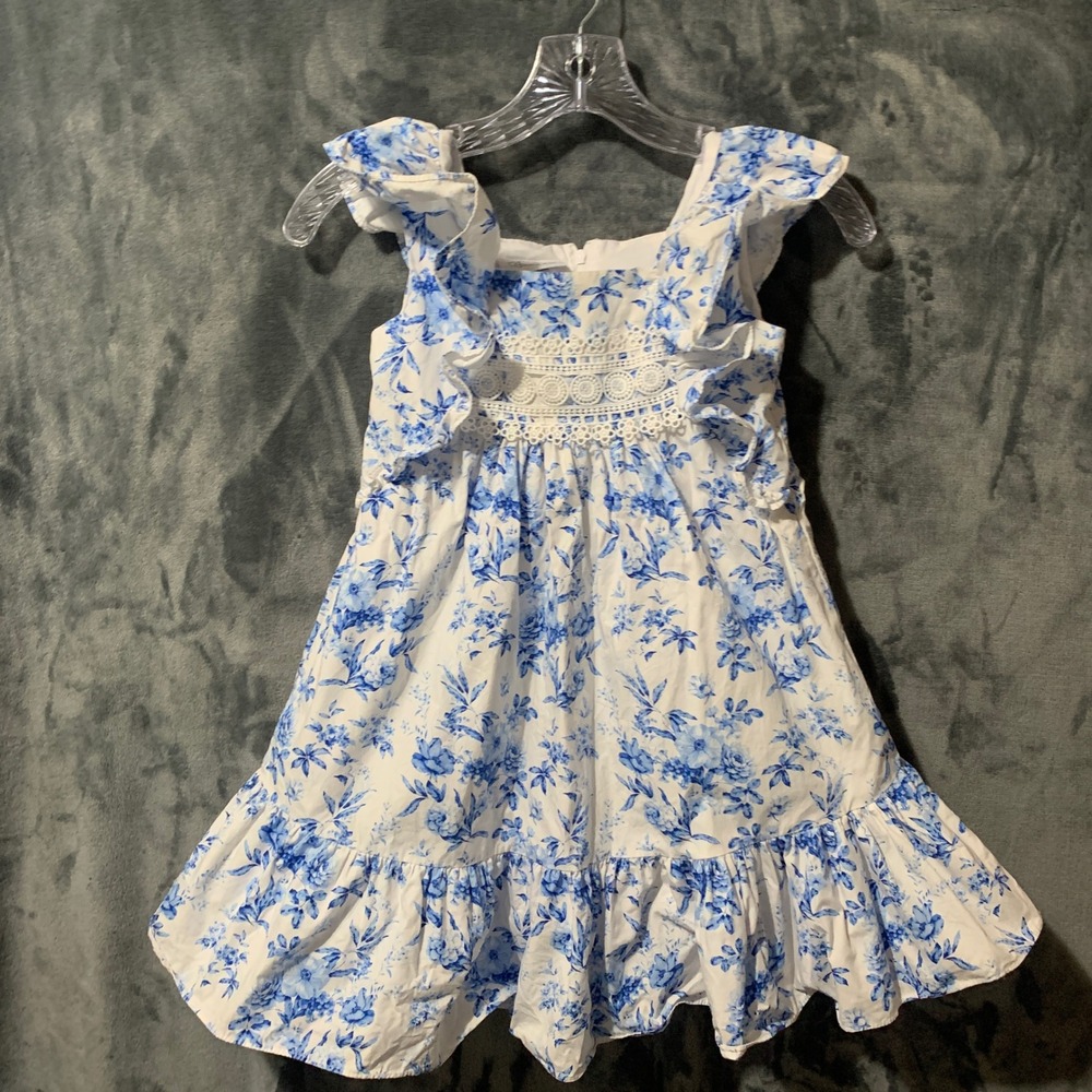 Bonnie Jean Dress Girls 6X R3-13396-HV Blue Floral Ruffle Crochet Lace EUC - Picture 10 of 16